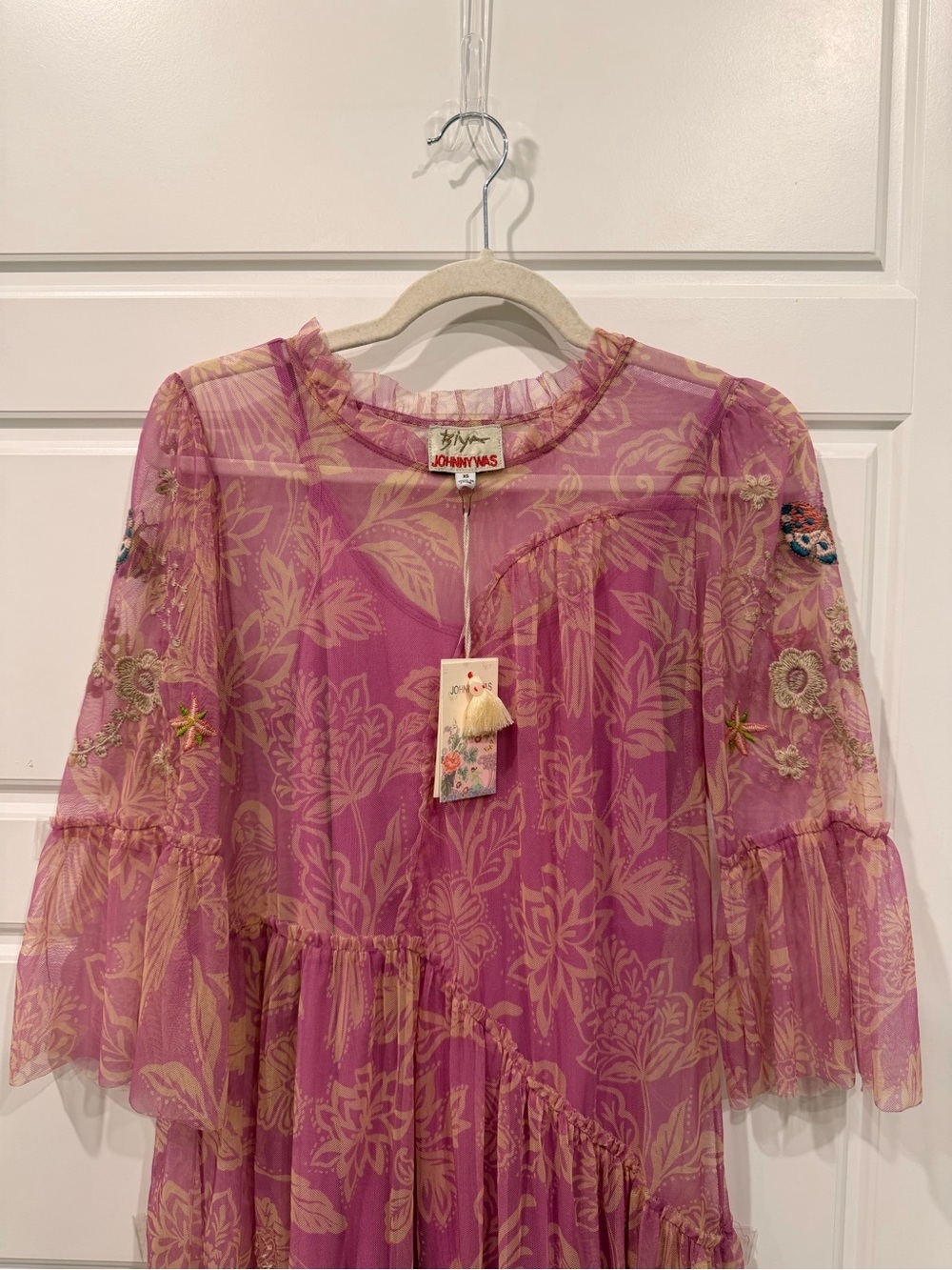 NWT JOHNNY WAS Biya Mazzy Arching Ruffles Dress Pink Floral Embroidered XS Boho - Picture 3 of 13